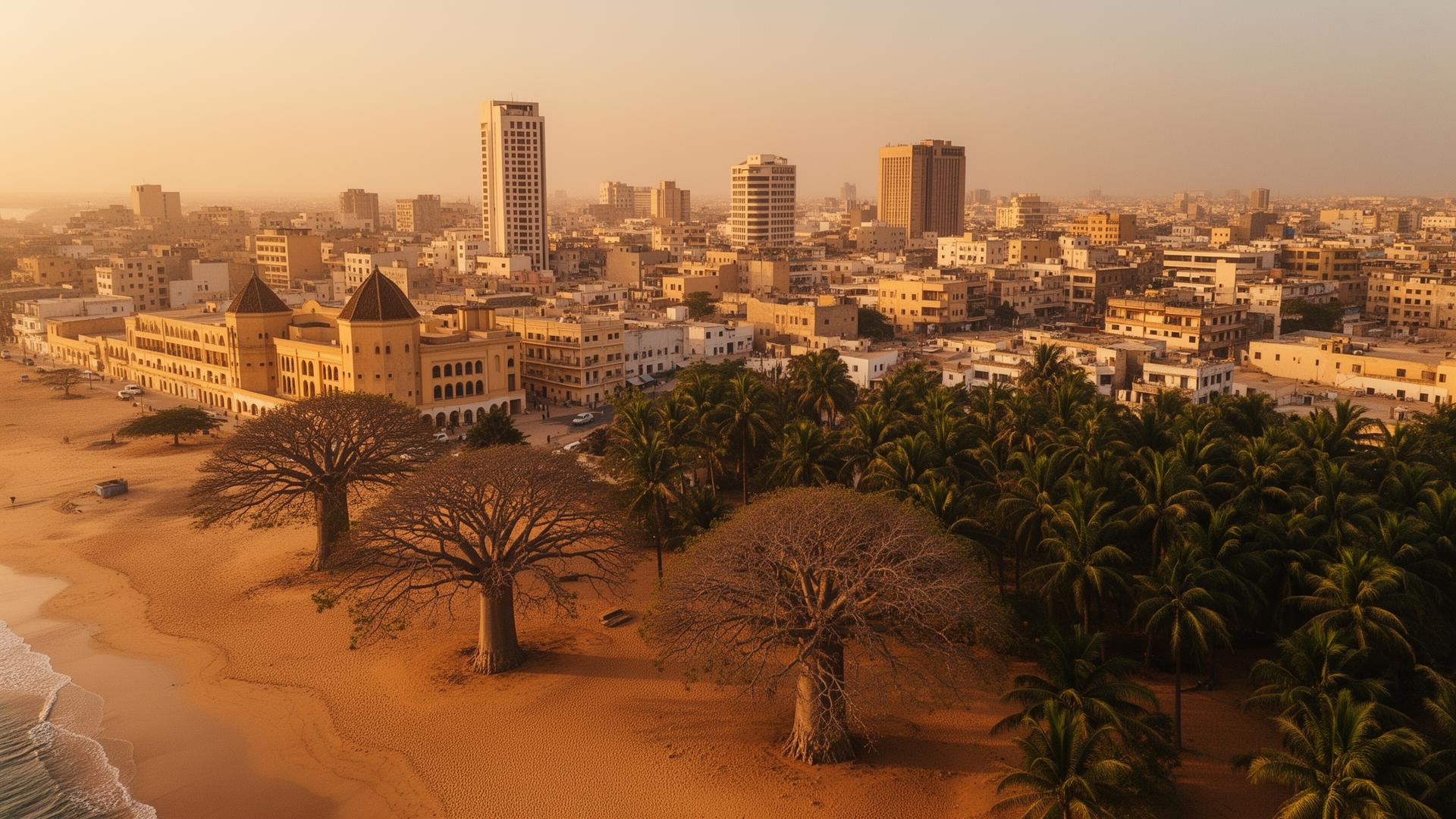 Vue aérienne de Dakar au coucher du soleil