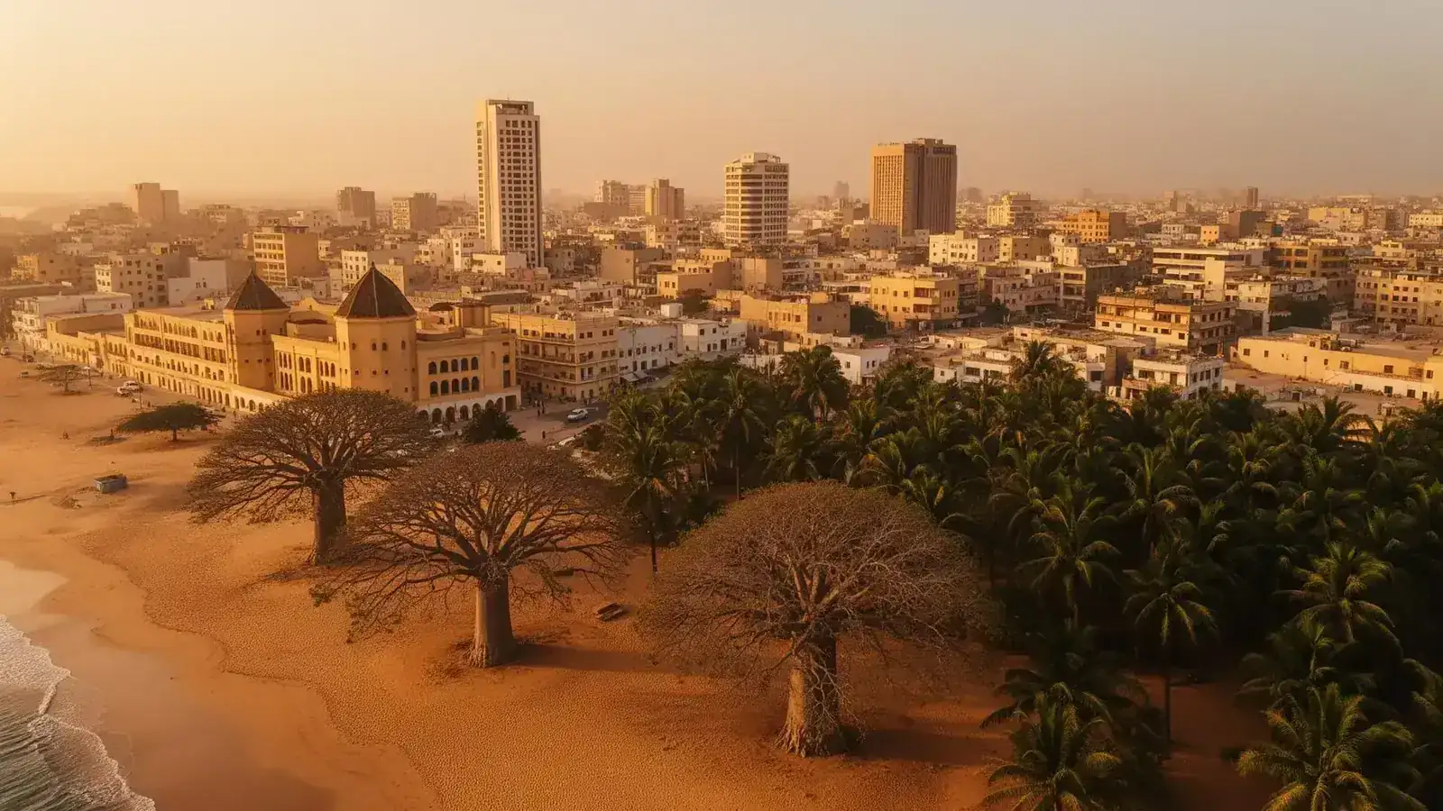 Vue aérienne de Dakar au coucher du soleil